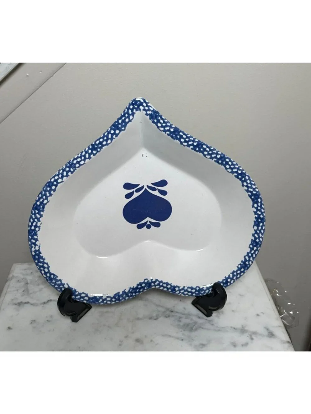 Large Vintage Heart Shaped Ceramic Serving Bowl | Blue & White Folk Art Dish
